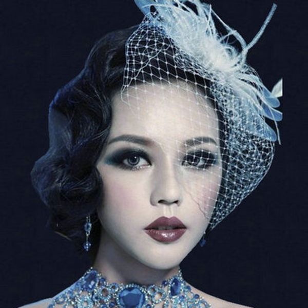 

bridal hair accessories white hat feather bow head flower big mesh veil little hat hairpin headdress
