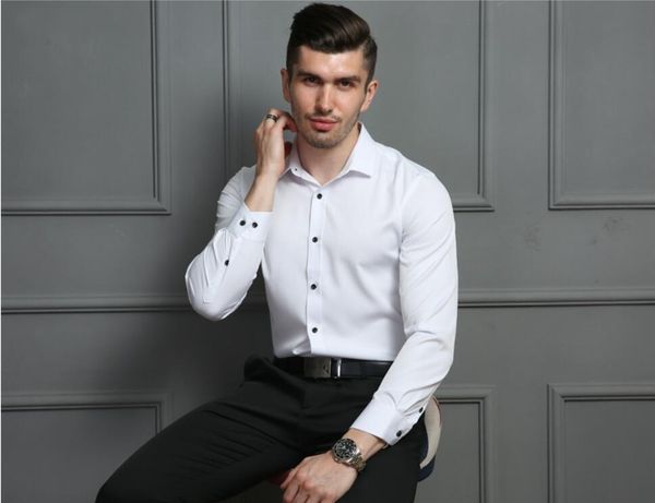 

micro-elastic leisure non-ironing men dress shirts long sleeve plus size formal groom wear business male work office shirts, White