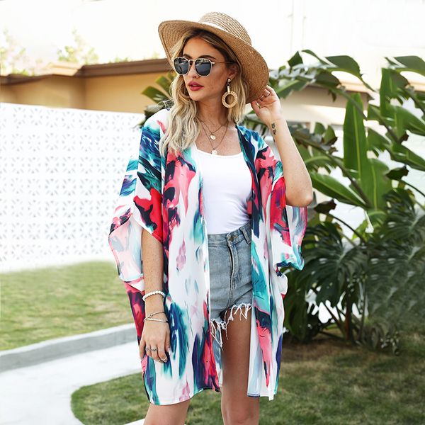 

women's swimwear women loose kimono cardigan open front half sleeves contrast color printed oversized bohemian holiday bikini cover ups, White;black