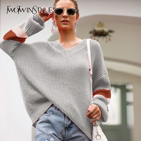 

twotwinstyle hit color casual women's sweater v neck batwing sleeve large size pullovers autumn sweaters female 2019 fashion new, White;black
