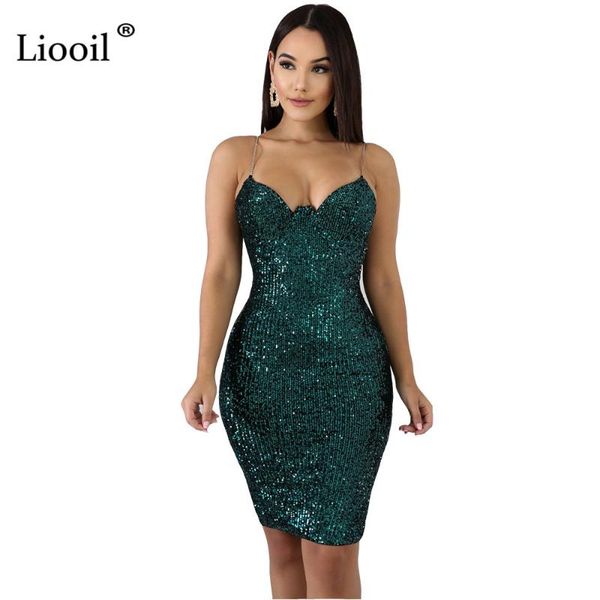 

liooil spaghetti strap sequin bodycon mini dress women sleeveless strapless zipper up dresses party night club dress, Black;gray
