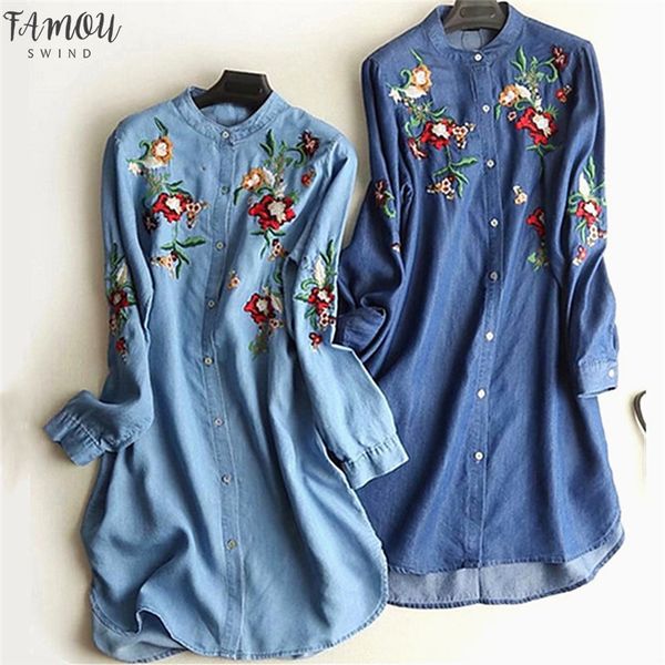 

2020 весна осень платье женщины мода джинсы вышитые цветок подкладка с длинным рукавом платья новые повседневный denim платье jun2 # 4, Black;gray