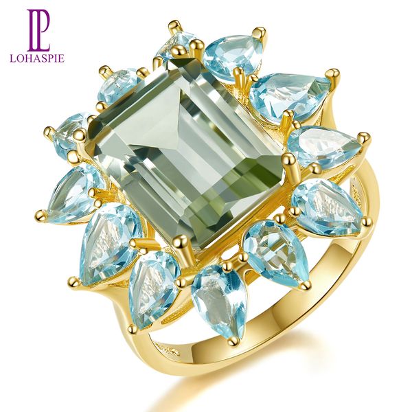 

ring for women gift 925 silver ring natural real genuine green amethyst blue z sterling silver fine elegant gemstone fine girl jewelry, Slivery;golden