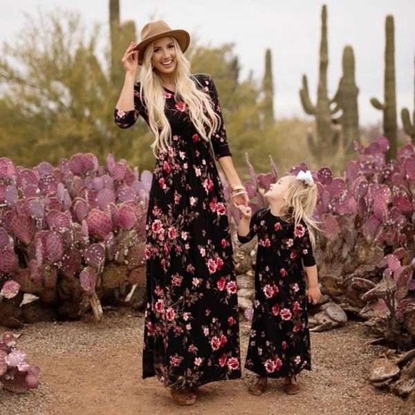 

spring family matching clothes mommy and me clothes mother and daughter dress floral print long sleeve dress, Blue