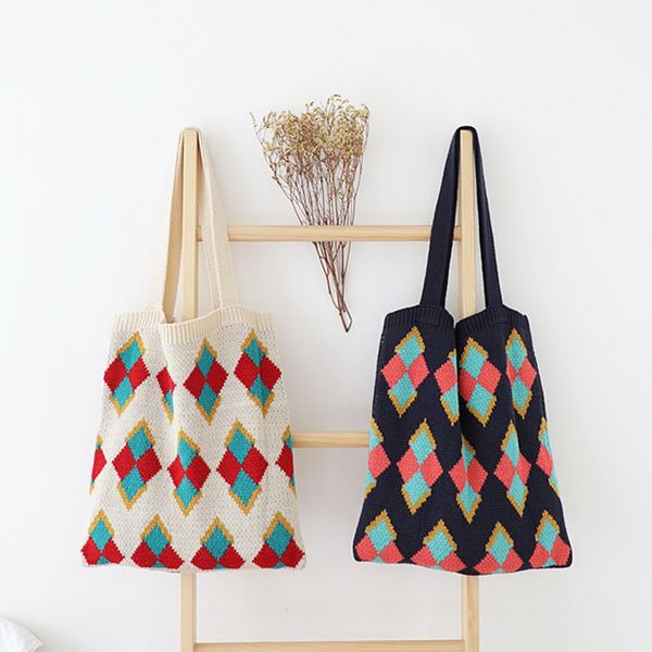 

autumn winter knitting woolen bag 2019 retro ethnic style casual knit bag girl lingges shopping causal shoulder tote