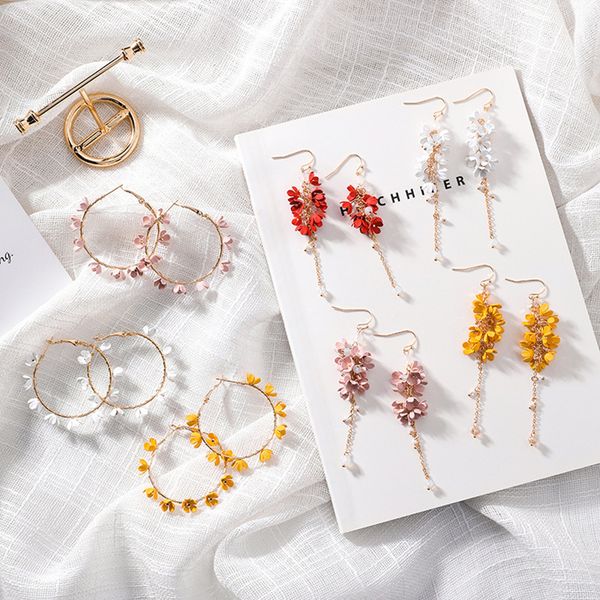 

korean new female flower summer hoop earrings 2019 accessories aros mujer oreja metal long tassel jewelry, Golden