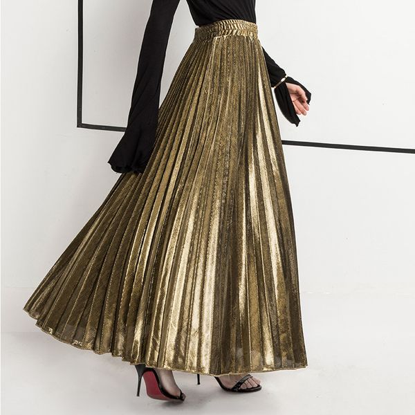 

MarchWind Brand Designer Suede Skirt Gold Silver Long Striped Elasticity Pleated Skirts Womens Saias Midi Faldas Vintage Women Midi Skirt