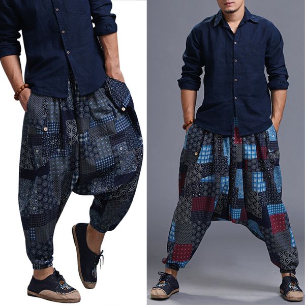 

men harem pants print retro drop crotch joggers cotton trousers men baggy loose nepal style casual pants elastic waist 2020, Black