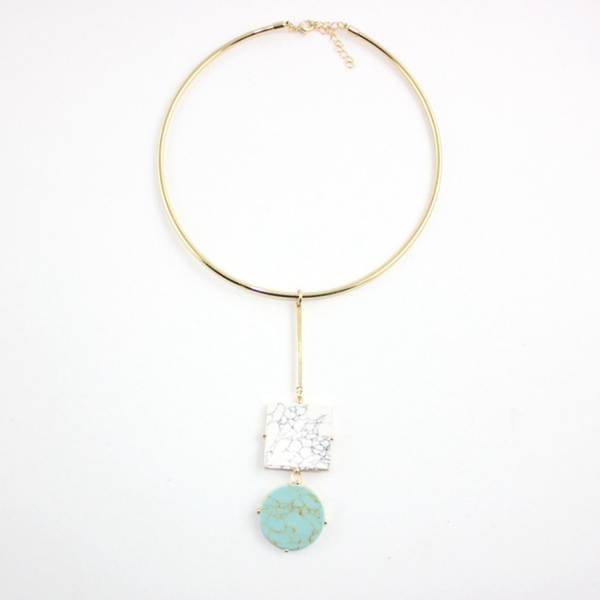 

fyjs unique light yellow gold color alloy round and square many style turquoises stone pendant choker necklace trendy jewelry, Silver