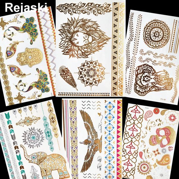 Acheter Body Art Lion Plume Or Métallique Tatouage Temporaire Mandala Au Henné Fleur Bras Tatouage Autocollant Ange Aigle Femmes Flash Tatouages