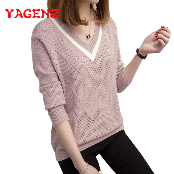 

yagenz ladies sweater women knit pullover colorblock openwork female sweater loose wild long sleeve bottoming shirt sueter mujer, White;black