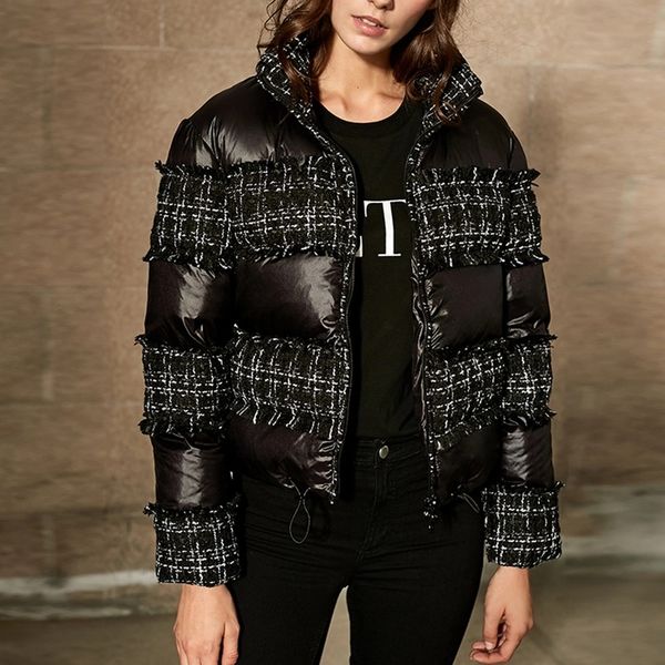 2018 quente preto feminino parkas gola alta xadrez tweed franjas retalhos algodão acolchoado zíper curto casaco de inverno jaqueta feminina