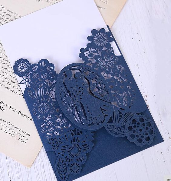 

romantic laser cut wedding invitation card groom bride carved pattern hollow out banquet party supply(no inner), Black