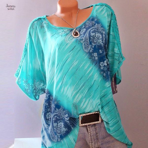 

autumn blouses 5xl plus size print summer short sleeve v neck floral women loose v neck casual fashion shirts, White