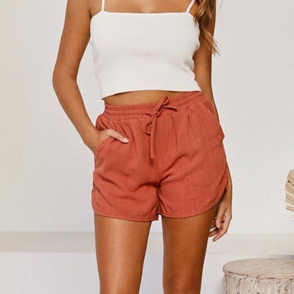 

summer women pure color cotton linen loose high waist short ladies drawstring pocket home outdoor leisure shorts plus size#p3, White;black