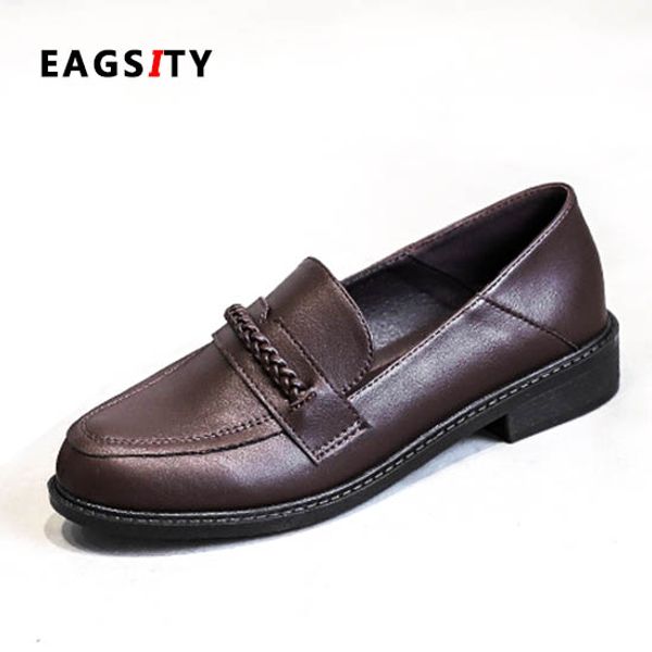 

eagsity penny loafers women flat shoes round toe slip on thick sole ladies shoes coffee brown vintage casual, Black
