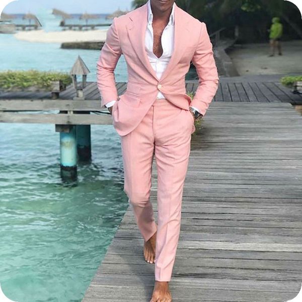 Последние пальто брюки дизайна розовые мужские костюмы для свадебного жениха смокинги жениха пикинг 2 шт. Летний пляж Slim Fig повседневная деловая куртка