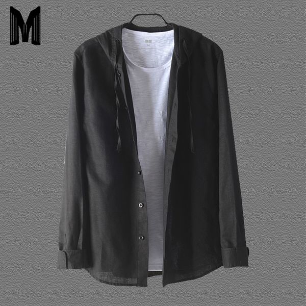 

2020 new summer long sleeved shirts men 55% linen 45%cotton solid black white casual hooded shirt y1648, White;black