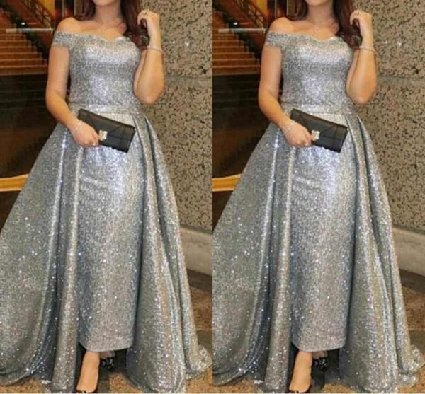 

2020 new sliver sequnined mother of the bride dresses off shoulder with overskirts long wedding guest gowns prom evening dresses, Black;red
