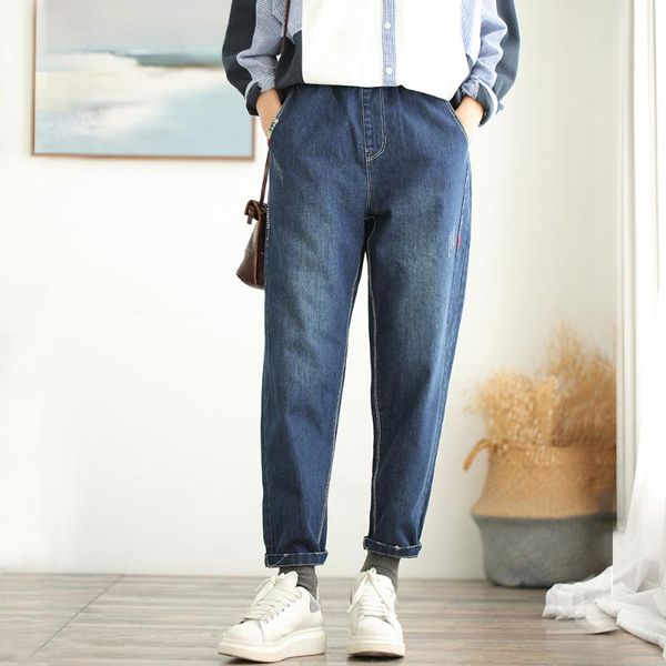 

2020 spring jeans women large size slim-type denim pants new female elastic waist pocket vintage casual all-match trousers, Blue