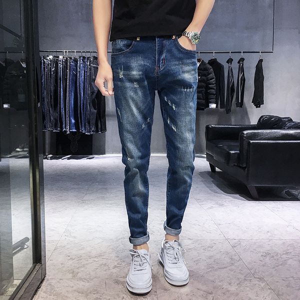 

mens designer fashion small feet casual all-match pants slim comfortable four seasons simple jeans, Blue