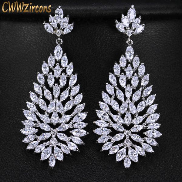 

cwwzircons cubic zirconia stones jewelry silver color 5 cm long big blooming cz earrings for women cz311