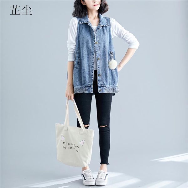 

plus size denim jackets women vintage sleeveless loose jean coats autumn high street female korean outerwear denim jacket coats, Black;white
