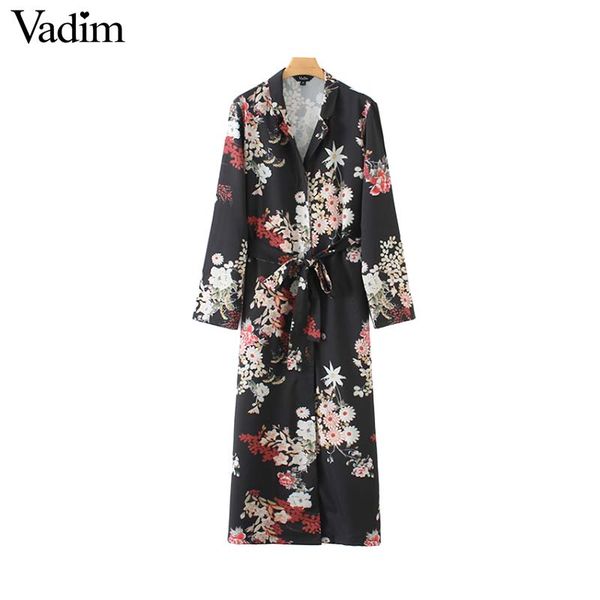 

vadim women retro floral midi shirt dress bow tie sashes pockets long sleeve female casual loose dresses straight vestido qa918, Black;gray
