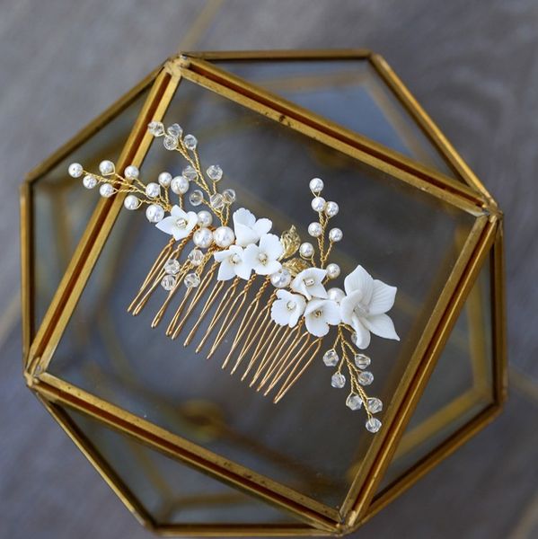 

delicate porcelain flower small wedding comb hair piece handmade crystal bridal accessories women hair ornament, Golden;white