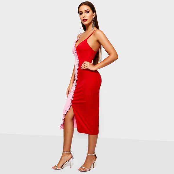 

women strap bodycon dress elegant chic patchwork pink sweet club deep v split summer street fashion casual midi dresses, Black;gray