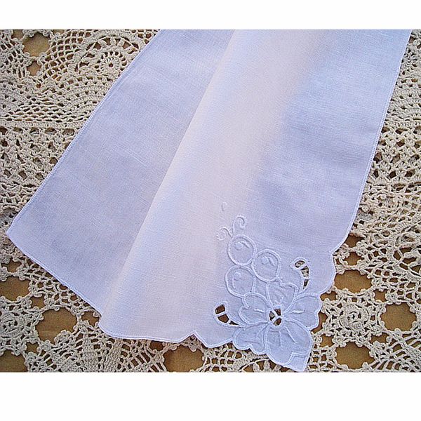 

white handmade handkerchief linen floral border vintage thick ladies lock embroidered flower napkin wedding gift hankies, Black;blue