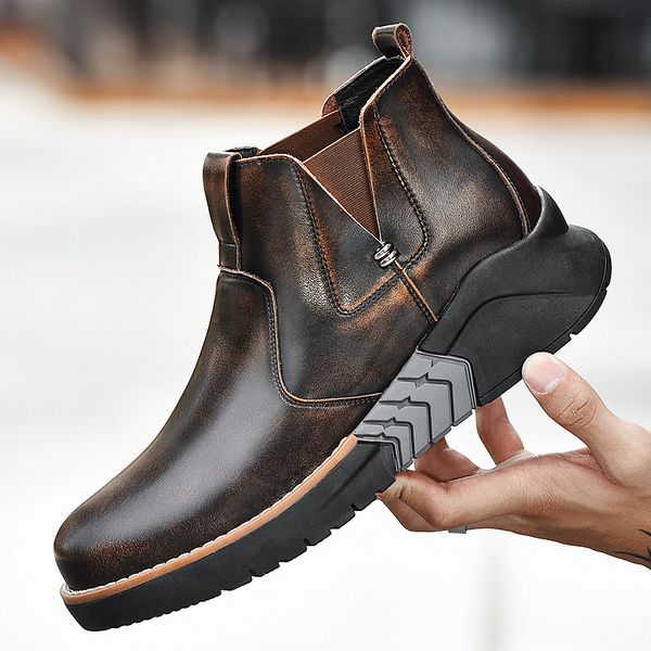 

spring/autumn man boots brand fashion casual ankle boots for mens hidden heel men working vintage leather boot, Black