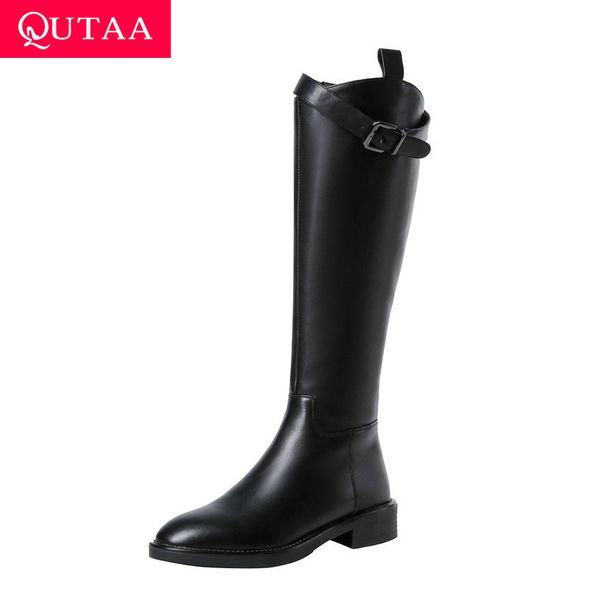 

qutaa 2020 new autumn winter platform zipper fashion buckle knee high boots cow leather round toe casual women shoes size 34-39, Black