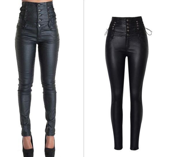 

european&american high-waisted pu leather pants fashion women's stretch pencil pants chic plus size xxl pants, Black;white