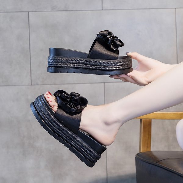 

high-heeled shoes lady woman's slippers slides increased internal fashion butterfly-knot platform heels 2020 soft flat summer, Black