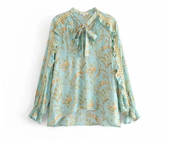 

hcbless 2019 summer new women's shirt turquoise positioning printing hollow tie with ruffled top, White