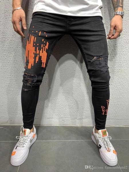 

black mens designer jeans spring season all match holes ripped zipper pencil pants pantalones, Blue