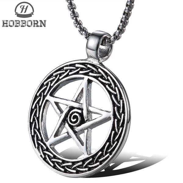 

hobborn classic men pentagram pendants & necklaces titanium steel high polished old star symbol men necklaces jewelry bijoux, Silver