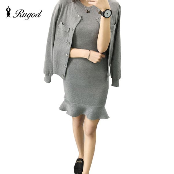 

rugod elegant solid two 2 piece sets women dress womens o-neck knitting dresses + knitted cardigan sweater suits, White;black