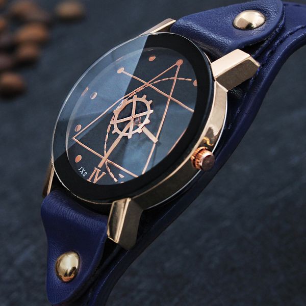 

new 2019 gear leather belt quartz geometric pattern watch 7 color straps low-key gems black dial for men and women couples, Slivery;brown