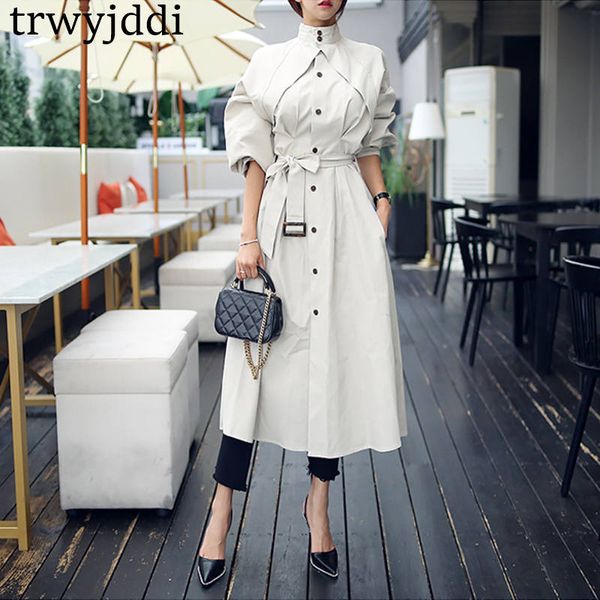 

2019 new spring autumn women's long trench coats korean stand collar long-sleeved single-breasted windbreaker outerwear n496, Tan;black