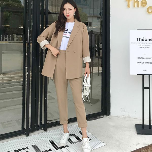 

bgteever casual solid women pant suits notched collar blazer jacket pencil pant khaki female suit autumn 2019 high quality, White;black