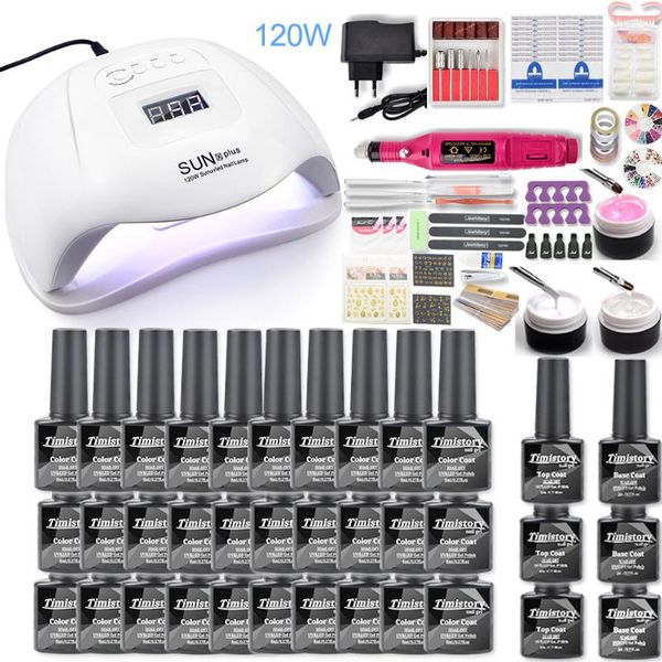 120W UV LED Lâmpada Conjunto De Unhas Para Manicure Kit 30 Cores Gel Nail Set Drill Machine Kit Ferramenta Extensão