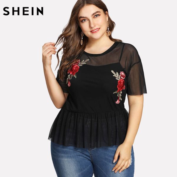 

shein plus size summer black blouse women floral round neck short sleeve embroidered rose applique ruffle mesh slim top, White