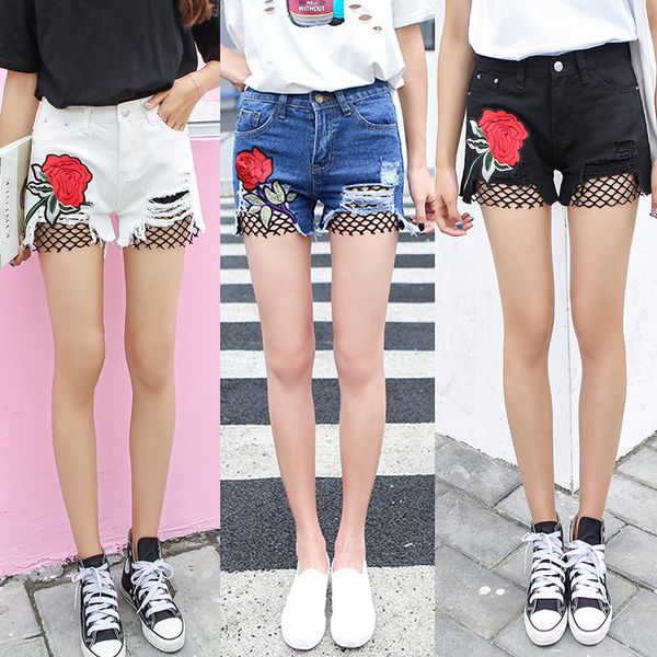 

2019 original embroidered flowers stitching fishing net design shorts women fashion distressed boyfriend jeans sweet student, Blue
