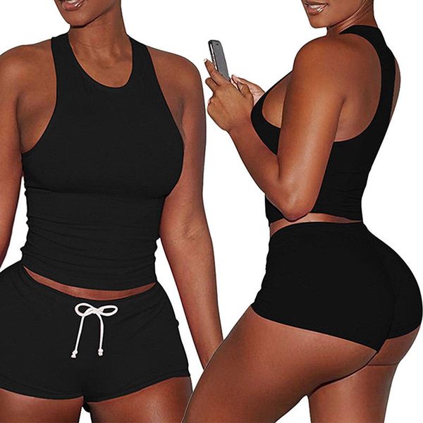 

women sports fitness yoga set casual sleeveless bodycon sport shorts