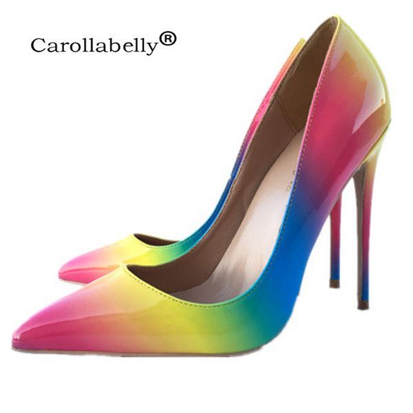 

2019 new pointed toe shoes women colorful rainbow printed pumps 8cm/10cm/12cm high heels genuine leather stilettos big size 45, Black