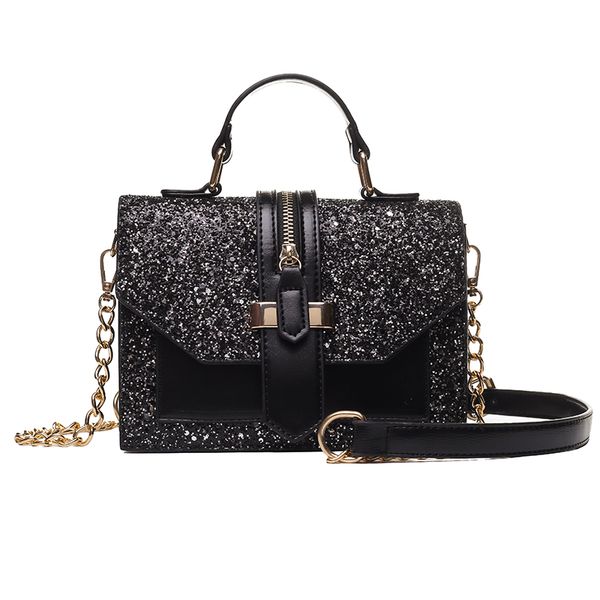 

new women's sequin square pu leather shoulder bags lady solid black and burgundy crossbody chain handbag girl fashion sling bags