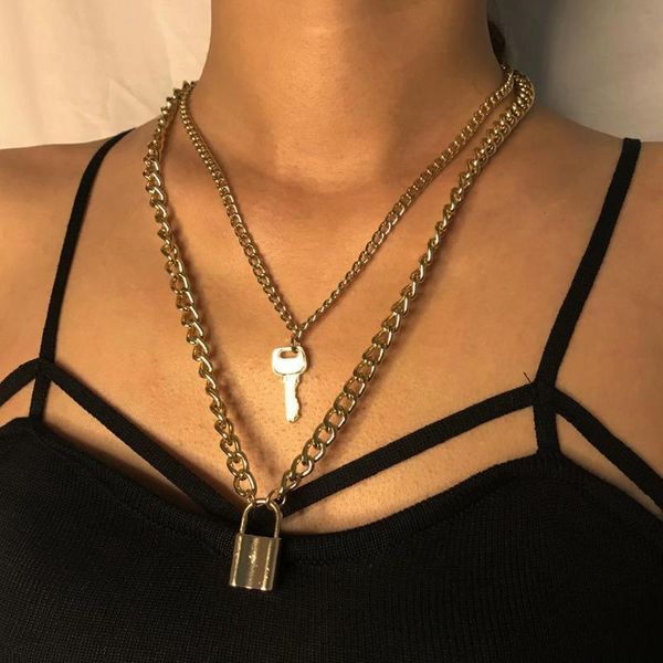 

fashion key padlock pendant necklace hip hop two layer women choker gift, Silver