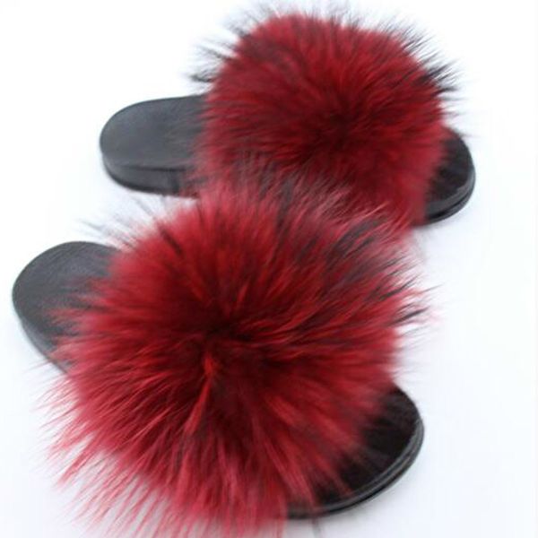 

coolsa women's winter plush slippers indoor pvc warm raccoon fur slippers ladies furry slippers flip flops women fur slides big, Black